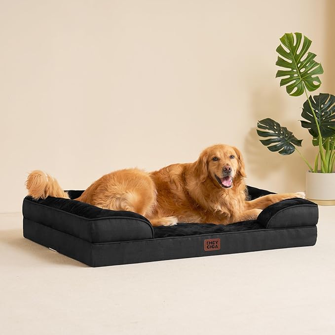 EHEYCIGA Orthopedic Dog Beds for Extra Large Dogs, Waterproof Memory Foam XXL Dog Bed with Sides, Non-Slip Bottom and Egg-Crate Foam Big Pet Couch Bed with Washable Removable Cover, Black-PawvioPets