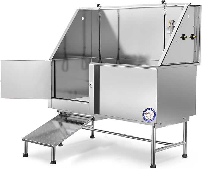 Flying Pig 62" Stainless Steel Pet Dog Grooming Bath Tub with Walk-in Ramp & Accessories (Left Door/Right Drain)-PawvioPets