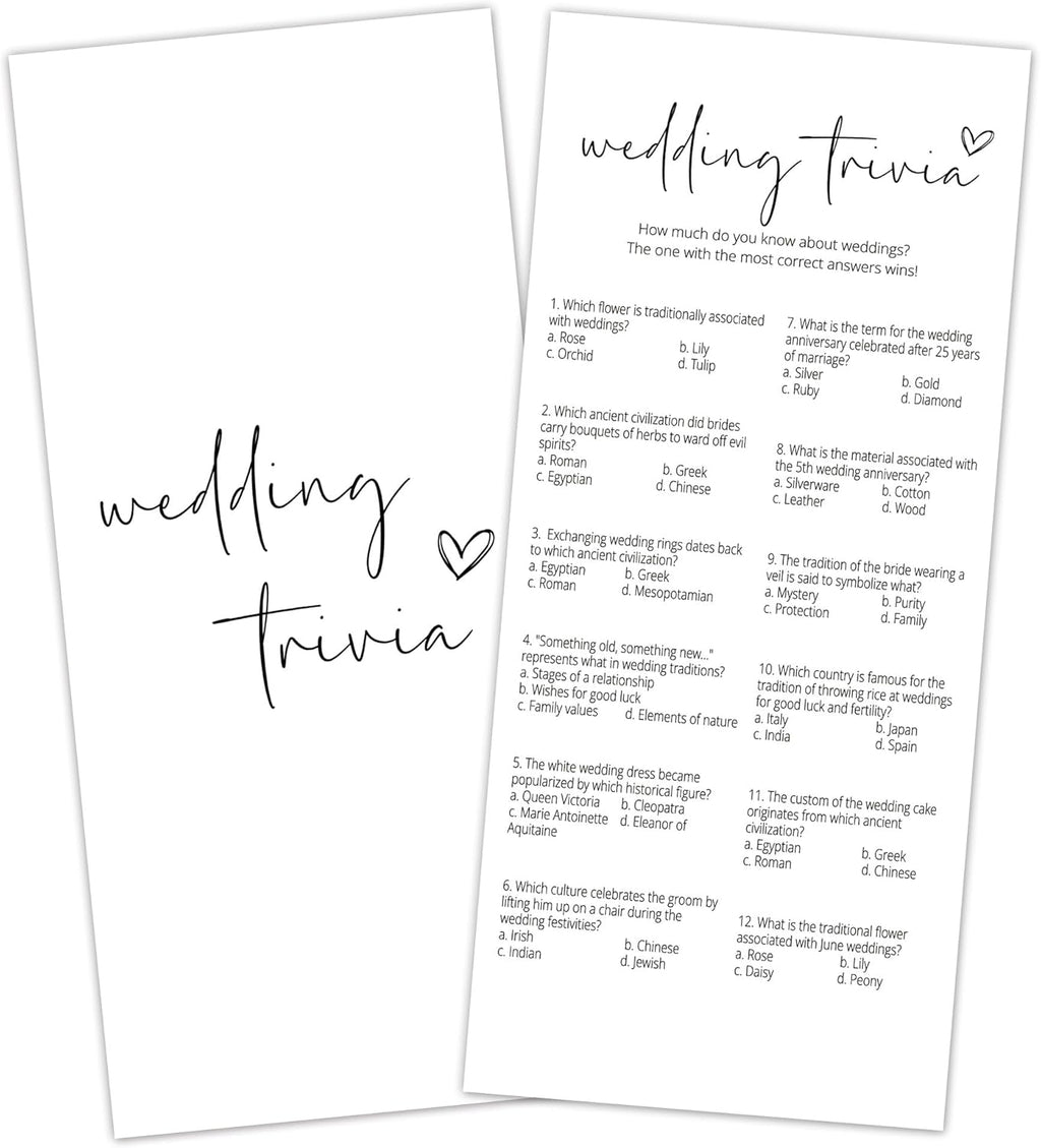 Bridal Shower Games, Wedding Trivia, 25Pcs 4x9inch Minimalist White Double-Sided Bridal Game Cards with 1 Answer Key, Wedding Shower Games for Guests, Engagement Bachelorette Party Supplies - A08