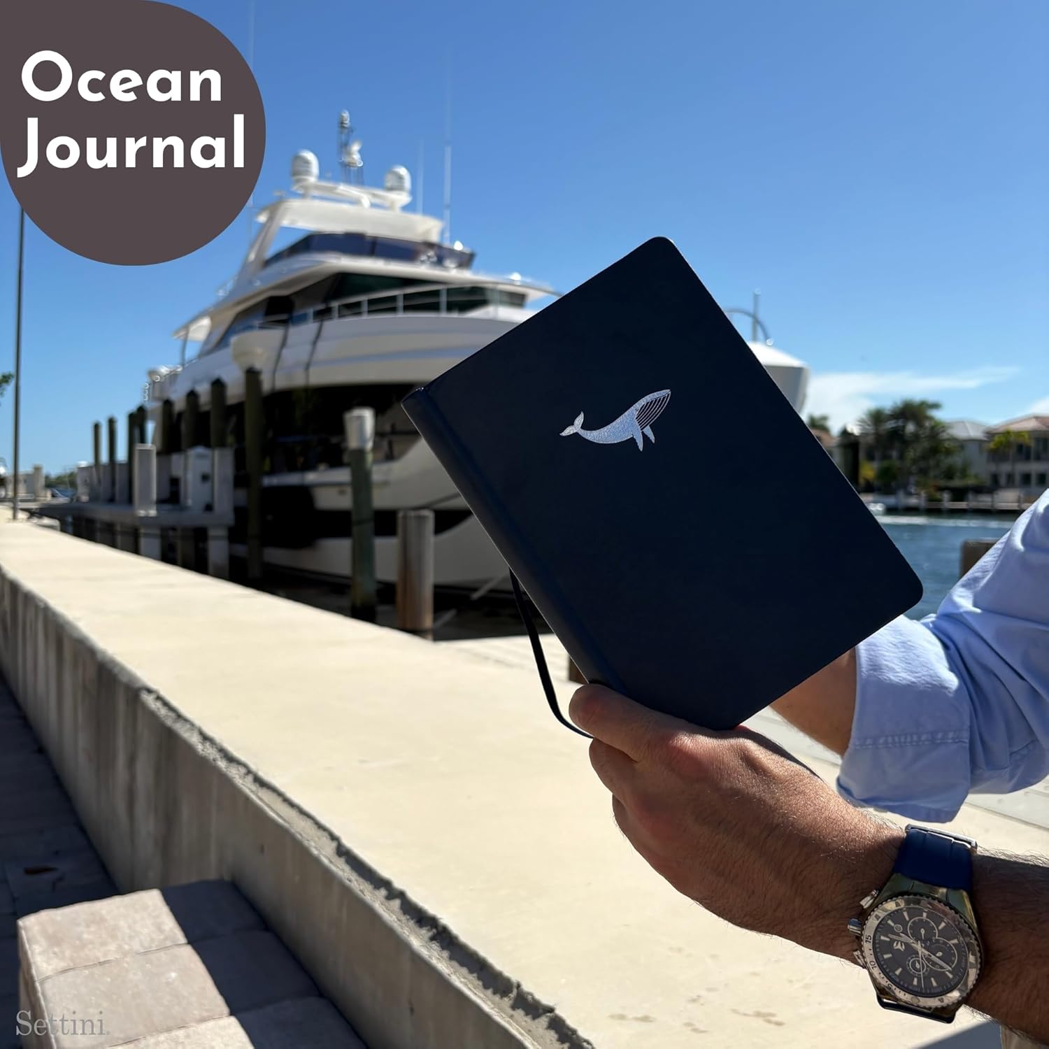 SETTINI Lined Journal, Ideal for Journaling - A5 Vegan Leather Notebook, 192 Archival-Quality Pages, QuillEase Bleed-Free Paper, Inner Pocket & Bookmark - Whale Gifts for Women & Men, Navy Whale