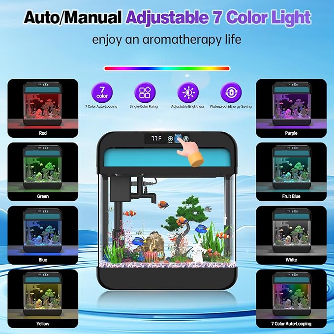 Fish Tank 2.2 Gallon Fish Aquarium with Music Humidifier 7 Color Auto-Looping Light Adjustable Water Pump with Filtration & Aeration & Circulation, Temperature Display, Bottom Water Changer-PawvioPets