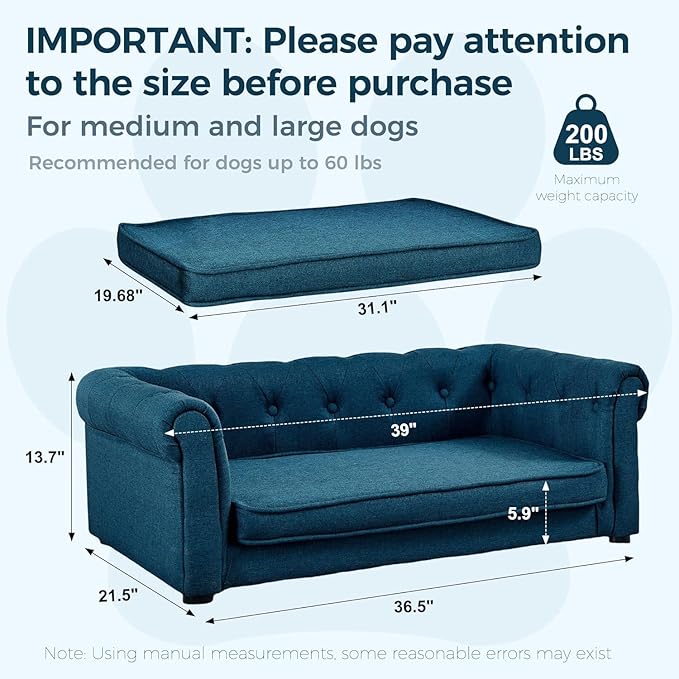 Dog Sofa Couch for Medium to Large Dogs, 31" Memory Foam Dog Couch with Washable Fabric, Removable Cushion, Sofa Bed for Medium and Large Dogs, Blue-PawvioPets