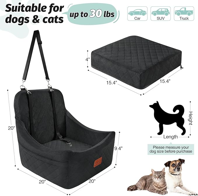 Dog Car Seat for Dogs Up to 35lbs,Fully Detachable and Washable,Memory Foam Covered Soft Fabric,Easy to Install with Adjustable Straps,Anti-Slip Bottom,Two Side Pockets(Black,Medium)-PawvioPets