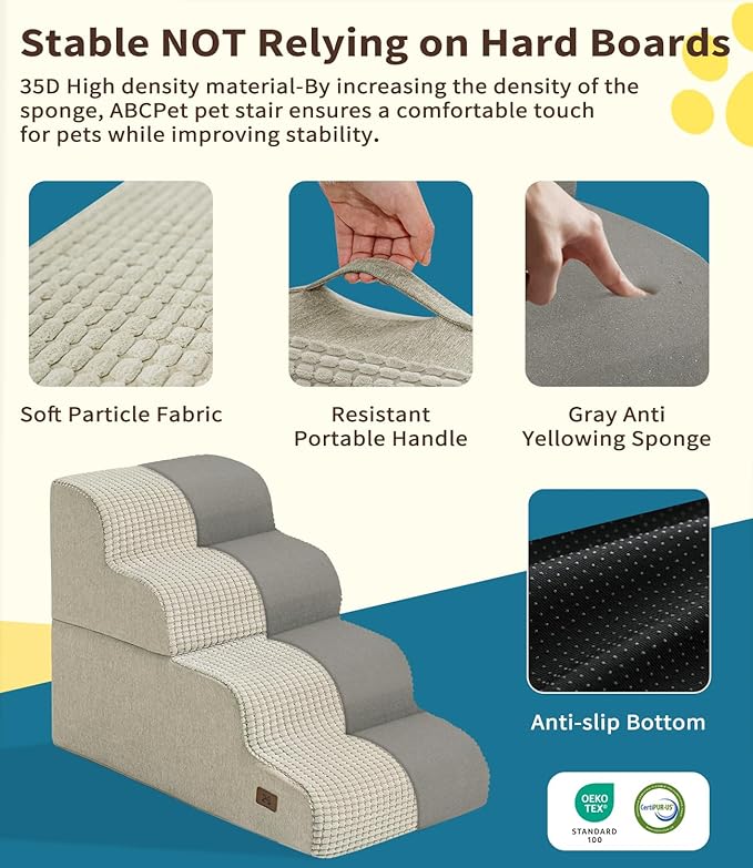 Dog Step for Bed, Dog Stair 4-Step 35D Pet Stair 19.7" H for High Bed or Sofa Non-Slip Balanced Pet Step Indoor, Beige-PawvioPets