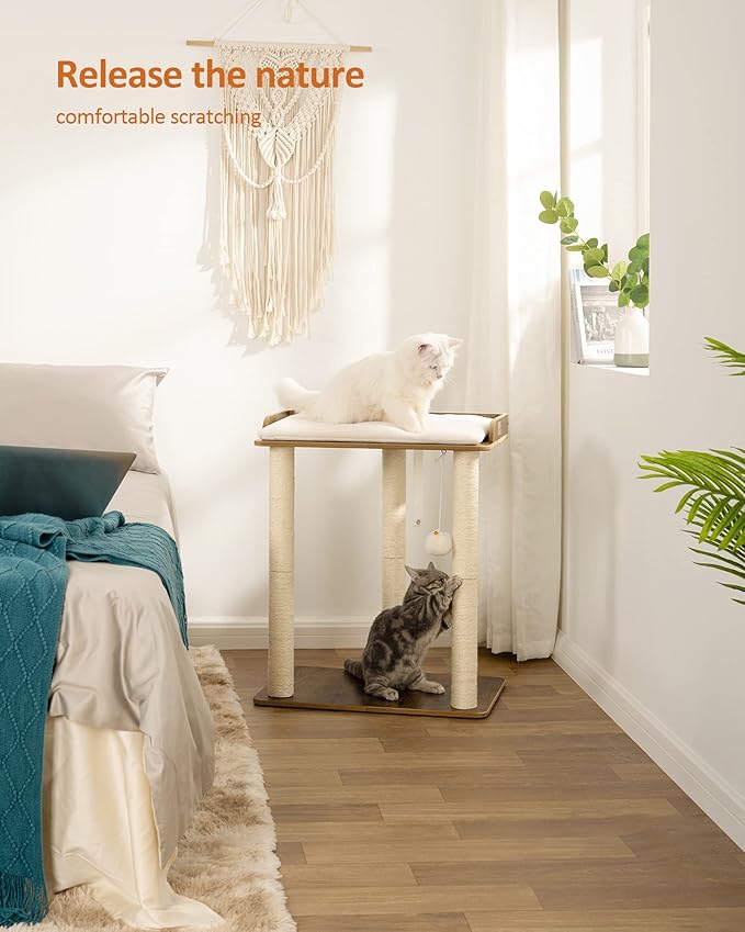 FourFurPets 26.7in Large Cat Tree Tower Condo, Cat Scratch Posts for Indoor Cats, Big Plate, Three 23.6in Full Sisal Scratching Posts, Rustic Brown-PawvioPets