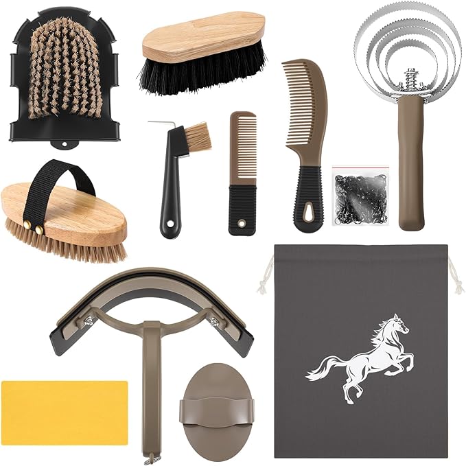 Abbylike 12 Pieces Horse Grooming Kit Racing Festival Tack Room Supplies Horse Brush Sets Equine Care Cleaning Kit Shedding Grooming Massaging Tools(Dark Gray)-PawvioPets