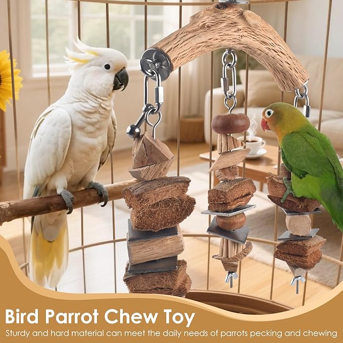 Bird Parrot Toys, Large Birds Wooden Chew Blocks with Stainless Steel Cage Hanging Bite Toy for Macaws, African Greys, Cokatoos, Amazon Parrots and Small Medium Parakeets-PawvioPets