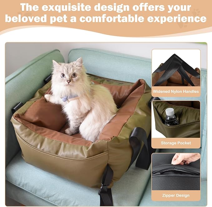 Dog Car Seat for Small Dogs, Large Leather Dog Car Bed with Storage Pocket, Waterproof PVC Leather Booster Seat Travel Bed for Front & Back Seat, Clip-On Safety Leash (Green/Brown)-PawvioPets
