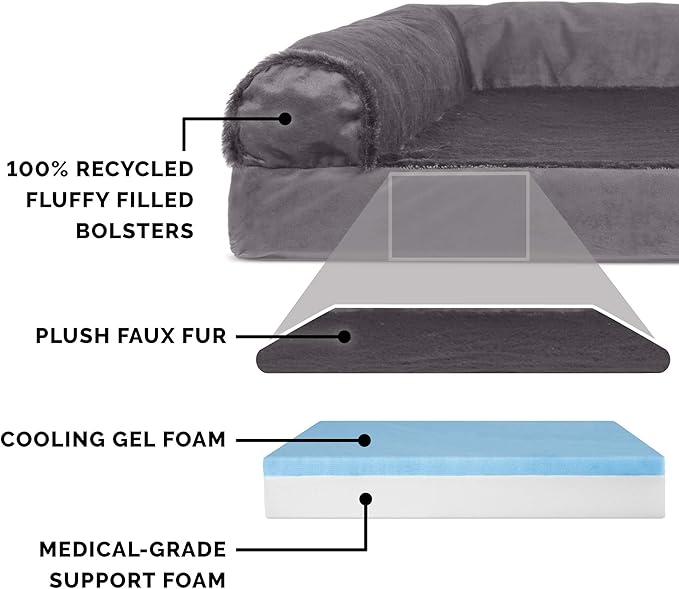 Furhaven Cooling Gel Dog Bed for Medium/Small Dogs w/ Removable Bolsters & Washable Cover, For Dogs Up to 35 lbs - Plush & Velvet L Shaped Chaise - Platinum Gray, Medium-PawvioPets