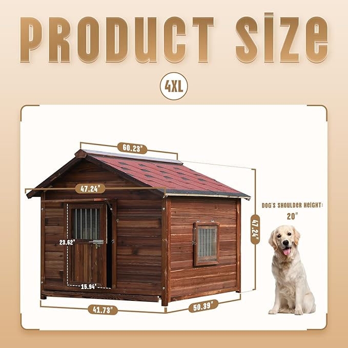 Extra Large Dog House Outdoor Made of Solid Pine Wood, Warm Doghouse, Dog House with Elevated Floor for Large Dogs, (Wood, 4XL)-PawvioPets