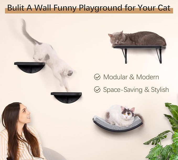 Curved Cat Wall Hammock Bed with Grey Foam Cushion – Floating Cat Wall Shelf Nest for Climbing, Sleeping & Lounging-PawvioPets