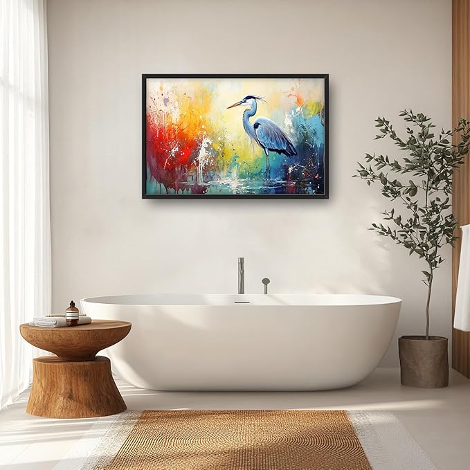 Extra Large Framed Abstract Heron Wall Art,Oversized Colorful Graffiti Heron Wall Decor Pictures for Living Room,Canvas Print Painting Modern Artwork Bedroom Office Bathroom Home Decor 36L x 24W-PawvioPets