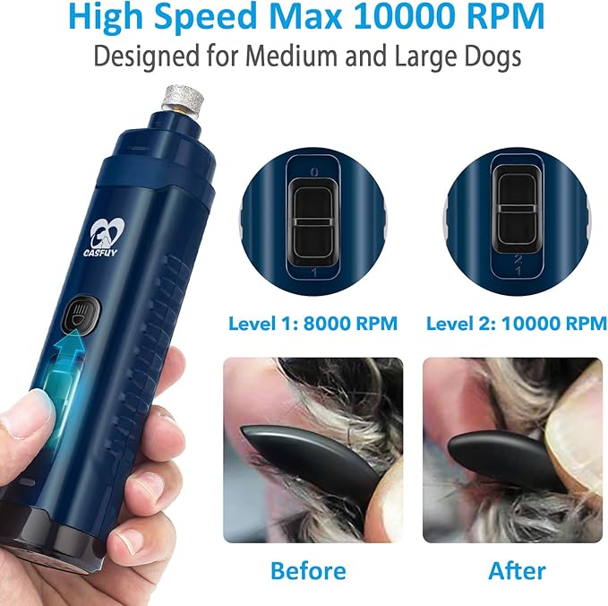 Casfuy Dog Nail Grinder with 2 LED Light - 4.8V Super Powerful 2-Speed Electric Pet Nail Trimmer for Medium Large Dogs Quiet Rechargeable Painless Paws Grooming & Smoothing Tool (Dark Blue)-PawvioPets