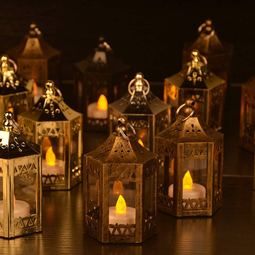 zkee Mini Star Lanterns with Flickering LED, Battery Included, Decorative Hanging Lanterns for Christmas and Indoor Use (Set of 8, Golden)