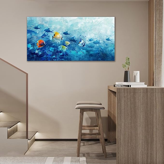 Extra Large Wall Art Tropical Fish Canvas Living Room Pictures Framed Prints Ocean Blue Oversize Wall Decor Animal Painting Artwork for Bedroom Dining Office Home 60"x30"-PawvioPets
