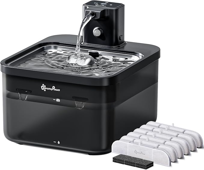 DownyPaws Cat Water Fountain Stainless Steel Cordless, 84oz/2.5L Fursink Wireless Pet Water Fountains for Cats Indoor, Battery Operated Cat Drinking Fountain, BPA-Free, Black with 6 Filters-PawvioPets