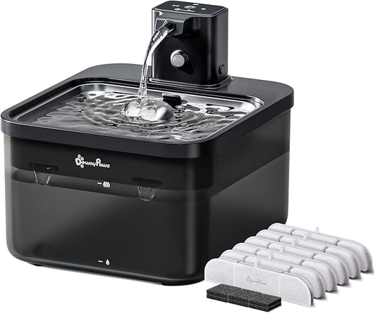 DownyPaws Cat Water Fountain Stainless Steel Cordless, 84oz/2.5L Fursink Wireless Pet Water Fountains for Cats Indoor, Battery Operated Cat Drinking Fountain, BPA-Free, Black with 6 Filters-PawvioPets