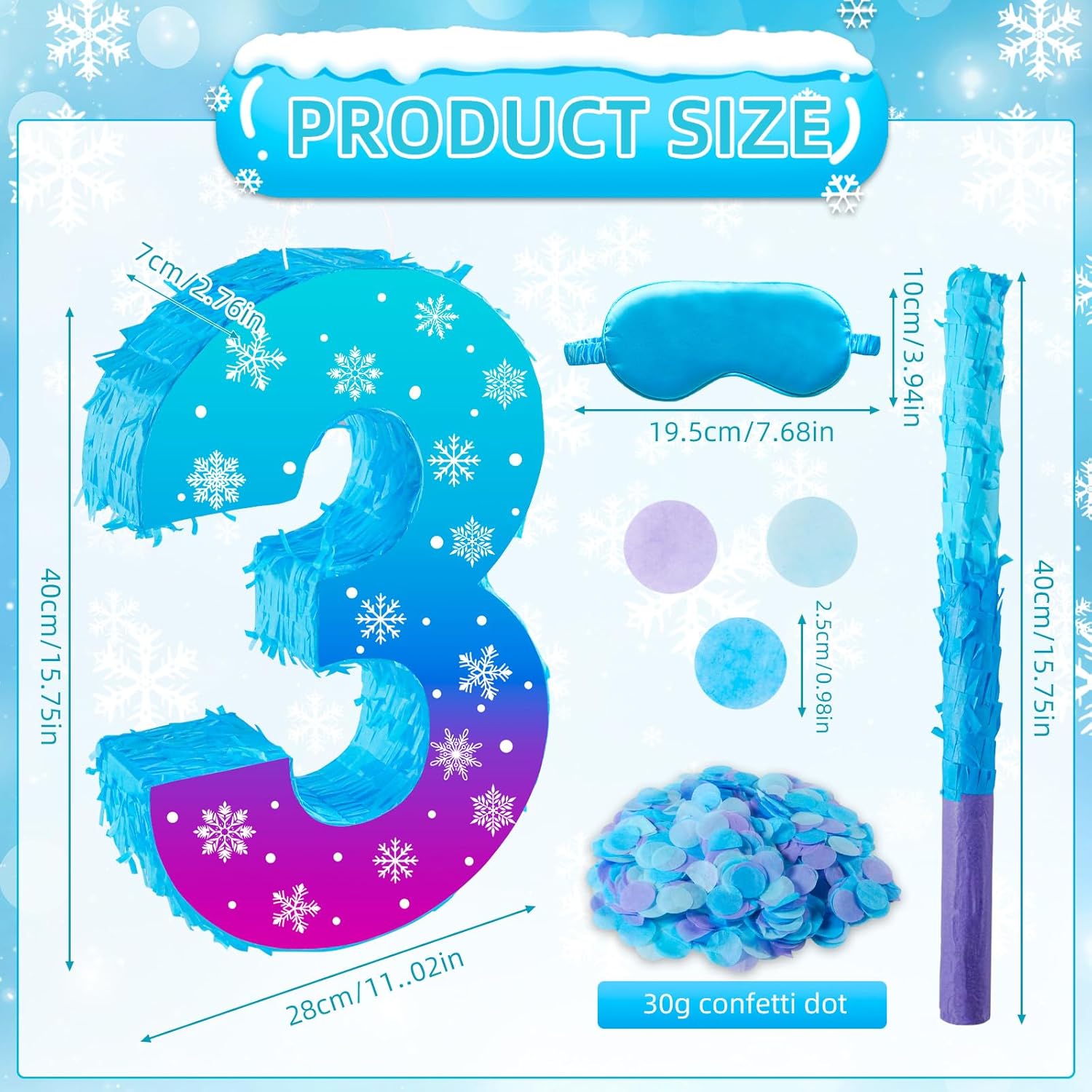 Snowflake Birthday Decorations, Winter Ice Snowflake Number 3 Pinata with Stick Blindfold and Confetti Snowflake Piñata 3rd Birthday Party Decoration & Supplies (Snowflake 3)