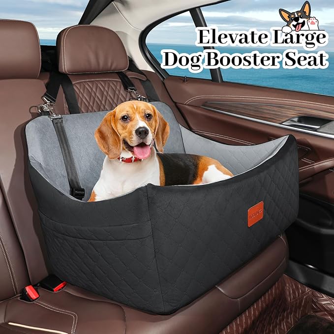 Dog Car Seat for Medium & Large Dogs Up to 55lbs, Memory Foam Cushion, Washable Cover, Safety Straps & Non-Slip Base(Black/Grey,Large)-PawvioPets