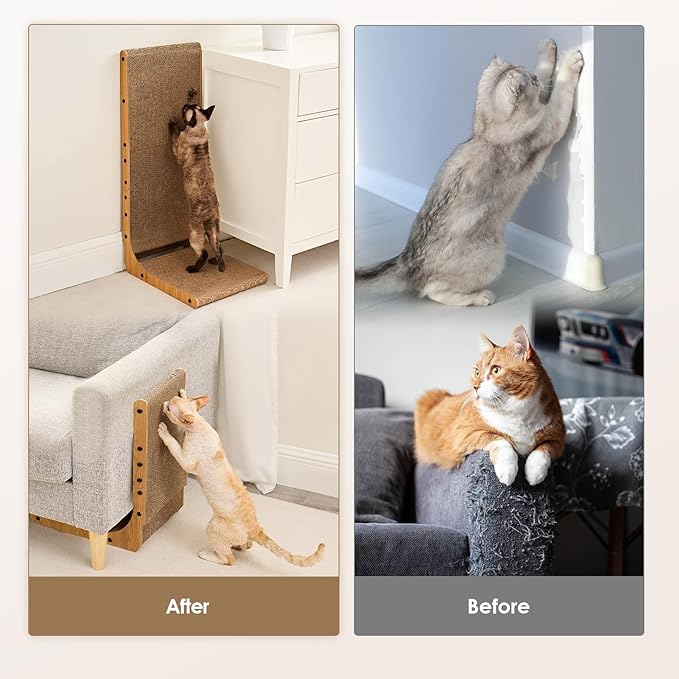 EHEYCIGA Cardboard Cat Scratcher for Indoor Cats, 26.8 Inch L Shaped Vertical Cat Scratching Board with Ball Cat Toy, Large Cat Scratcher Pad, Brown-PawvioPets