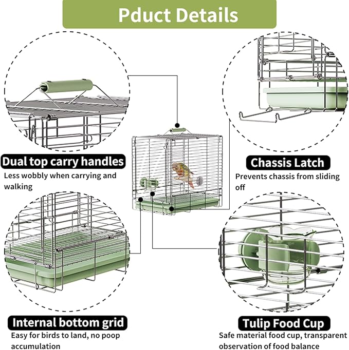 Bird Carrier Travel Cage - 304 Stainless Steel Portable Folding Bird Travel Cage with Parrot Feeder Cups & Standing Perch for Smaller Birds Conures Lovebird Cockatiel Parakeets (Green)-PawvioPets