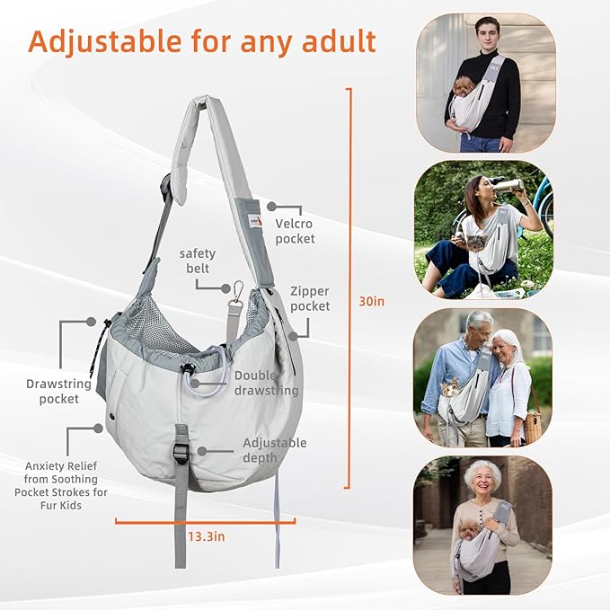 Dog Carrier Sling,Dog Carriers for Small Dogs & Cats Up to 20lbs,Puppy Carrying Backpack Pet Purse with Pockets,Adjustable Shoulder Strap,Hands Free for Travel (Grey)-PawvioPets