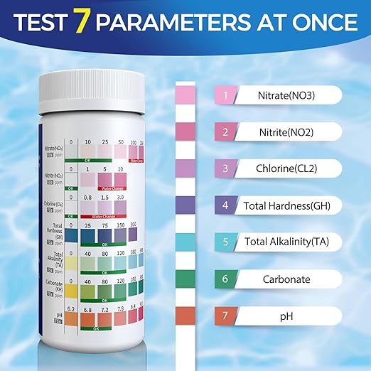 Aquarium Test Strips 7 in 1 for Freshwater 100 Strips Fish Tank Water Testing Kit for Aquarium Pond -Testing Nitrate Nitrite Hardness Chlorine pH Carbonate Alkalinity Accurate-PawvioPets