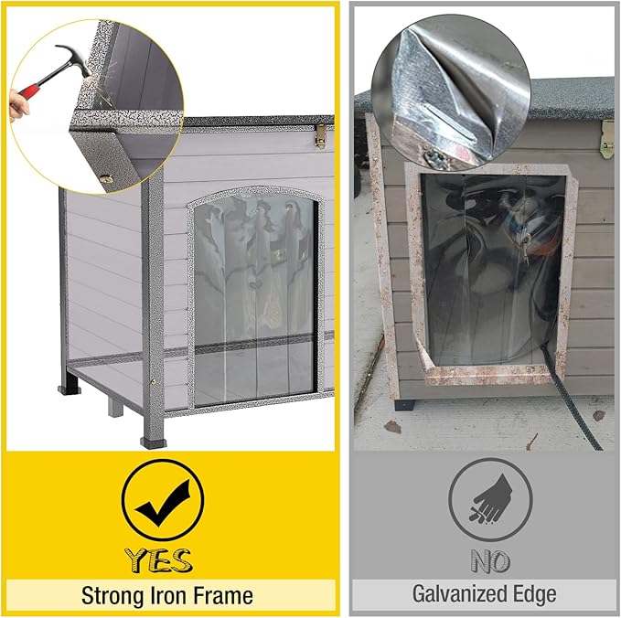 Aivituvin Large Dog House Outdoor Indoor Weatherproof Dog House for Small & Medium & Large Dogs with Unique All-Around Iron Frame＆Raised Feet（Grey）-PawvioPets