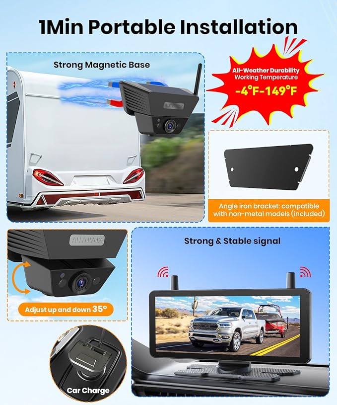 AUTO VOX Wireless Backup Camera Solar Magnetic: with 7.2" DVR 1080P 2 Split Recording Monitor, Dual Antenna Stable Signal,IP69K & 1-Min Install,HD IR Night Vision for Truck, Trailer, RV, Camper-PawvioPets