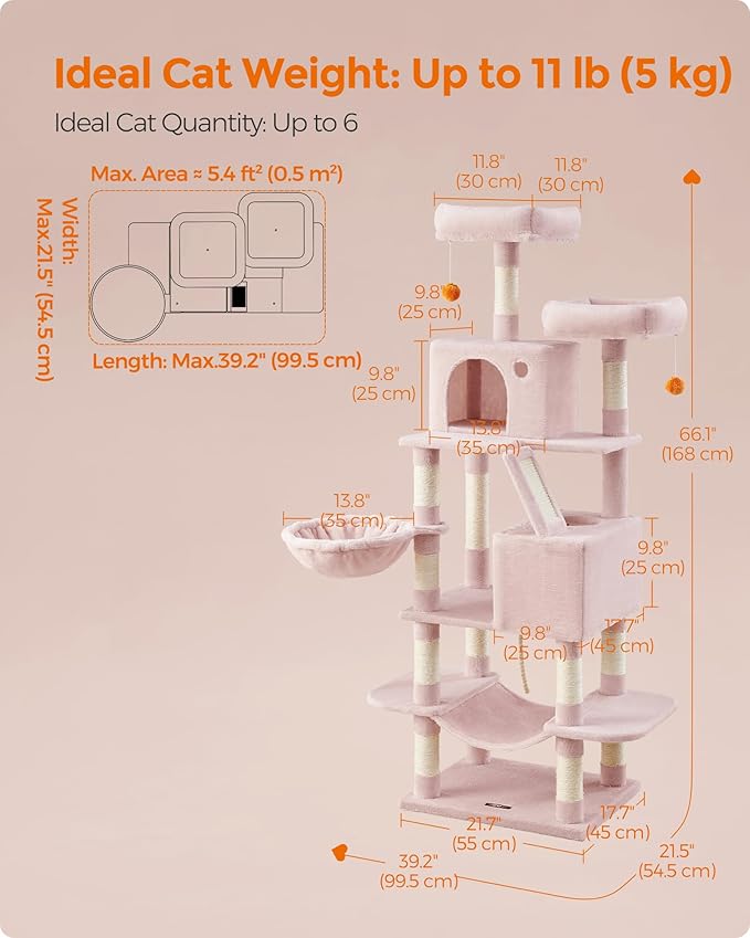 Feandrea Cat Tree, 66.1-Inch Large Cat Tower with 13 Scratching Posts, 2 Perches, 2 Caves, Basket, Hammock, Pompoms, Multi-Level Plush Cat Condo for Indoor Cats, Jelly Pink UPCT165P01-PawvioPets