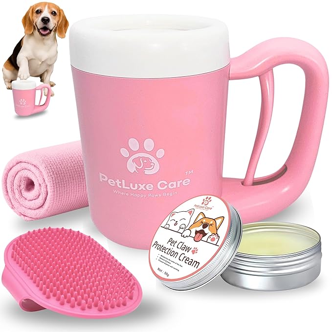 Dog Paw Cleaner for Small & Medium Dogs – Portable Paw Washer Cup with Soft Silicone Brush, Towel & Moisturizing Balm – Gently Cleans Muddy Paws After Walks (Pink, Medium)-PawvioPets