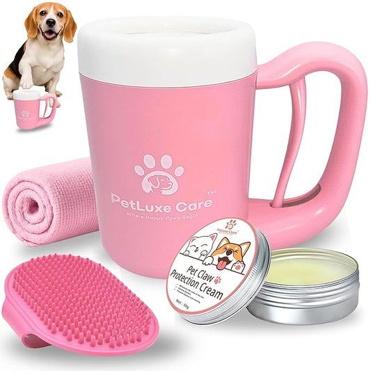 Dog Paw Cleaner for Small & Medium Dogs – Portable Paw Washer Cup with Soft Silicone Brush, Towel & Moisturizing Balm – Gently Cleans Muddy Paws After Walks (Pink, Medium)-PawvioPets