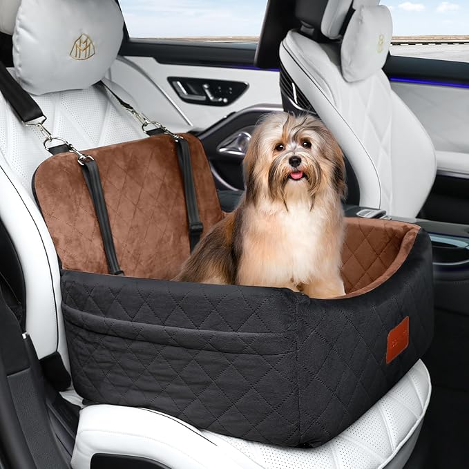 Dog Car Seat for Small Dogs Under 30lbs,Ultra Soft Fabric & Memory Foam Pet Travel Car Bed,Washable & Detachable,Anti-Slip Bottom,2 Storage Pockets and Safety Tethers(Black/Brown)-PawvioPets