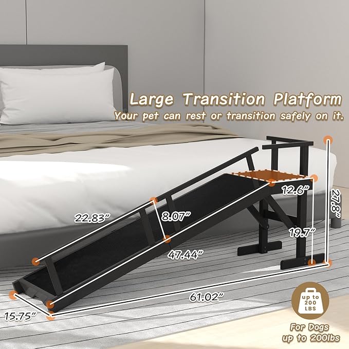 61" Dog Ramp for Bed, Pet Ramp with Removable Side Rail and Non-Slip Surface, Pet Ramp for Small & Large & Senior Dogs with Rest Platform and DIY Glow Strips,Dog Stairs for Couch,Black-PawvioPets