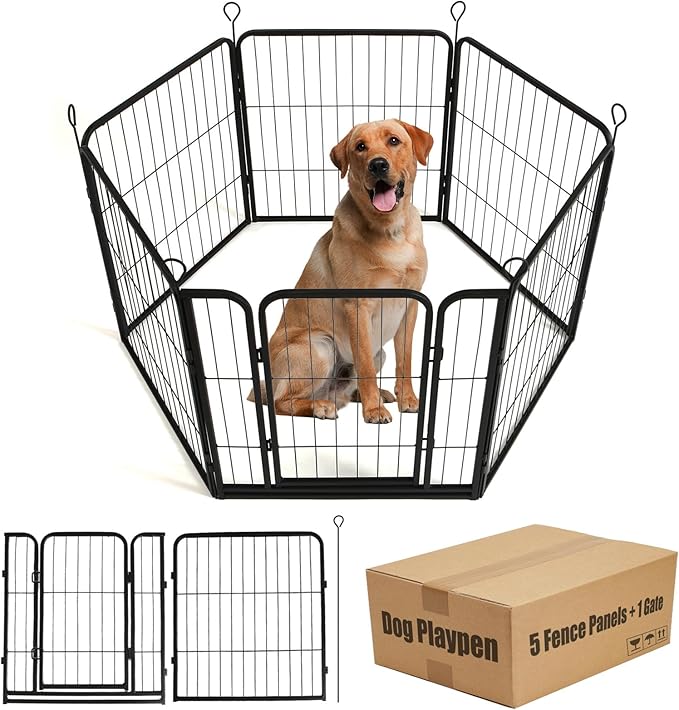 Dog Playpen,24 32 40 48 in(H) Pet Fence Outdoor for Rv Camping,Garden Fence Small Animal Barrie for Yard,11Ft(L)-56Ft(L) Black Metal Temporary Fencing-PawvioPets