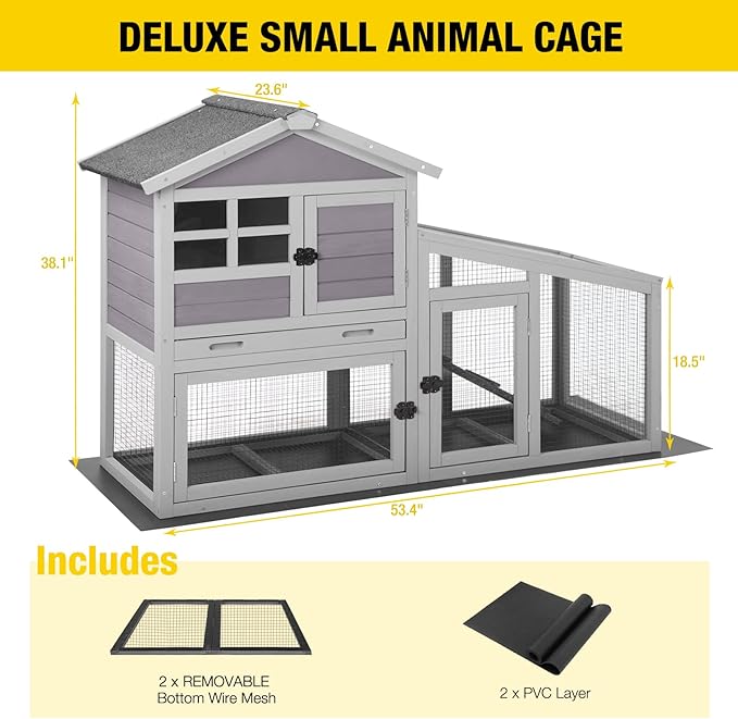 Aivituvin Rabbit Hutch Outdoor Chickecn Coop Indoor Bunny Cage with Pull Out Tray,Upgrade Version,Removable Bottom Wire Mesh 53.4" L x 23.6" W x 38.1" H-PawvioPets