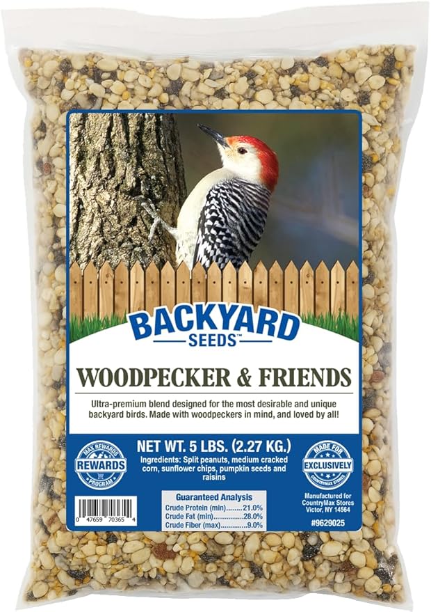 CountryMax Backyard Seeds Woodpecker No Waste Bird Seed Mix – 5 lb Bag | Shelled Peanuts, Sunflower Chips, Tree Nuts | Attracts Woodpeckers, Nuthatches, Jays-PawvioPets