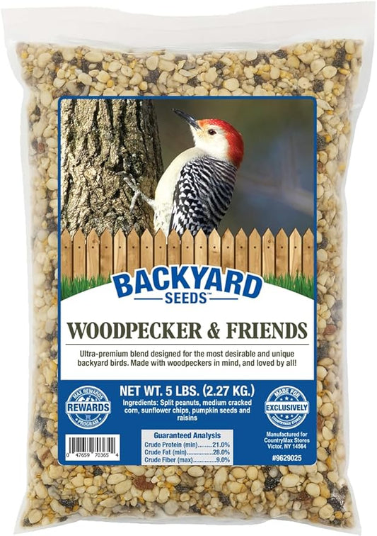 CountryMax Backyard Seeds Woodpecker No Waste Bird Seed Mix – 5 lb Bag | Shelled Peanuts, Sunflower Chips, Tree Nuts | Attracts Woodpeckers, Nuthatches, Jays-PawvioPets