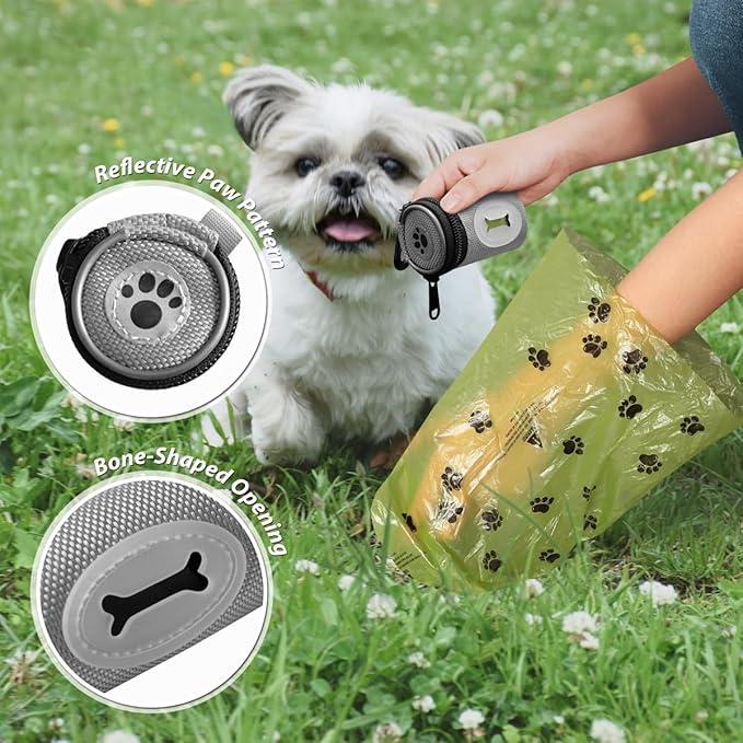 Glow Dog Poop Bag Holder for Leash Doggie Waste Bag Dispenser Puppy Potty Carrier Small Doggy Zipper Pouch with Carabiner Clip 1680D Nylon Oxford with 1 Roll of Pet Trash Bags, Silver-PawvioPets