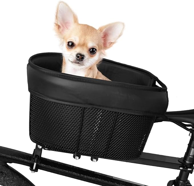 Dog Bike Basket Mountain Bike Shopping Basket Portable Cat and Dog Carrier for Bike Front Crossbar with Sponge Liner ty Strap (Black)-PawvioPets