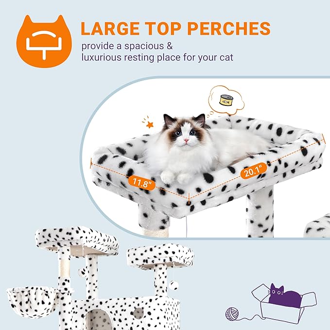 Allewie 81 Inches Tall Cat Tree/Multi-Level Large Climbing Tree House and Towers for Big Feline/Condo and Hammock/Scratching Post/Wide Base/White & Black Spot-PawvioPets