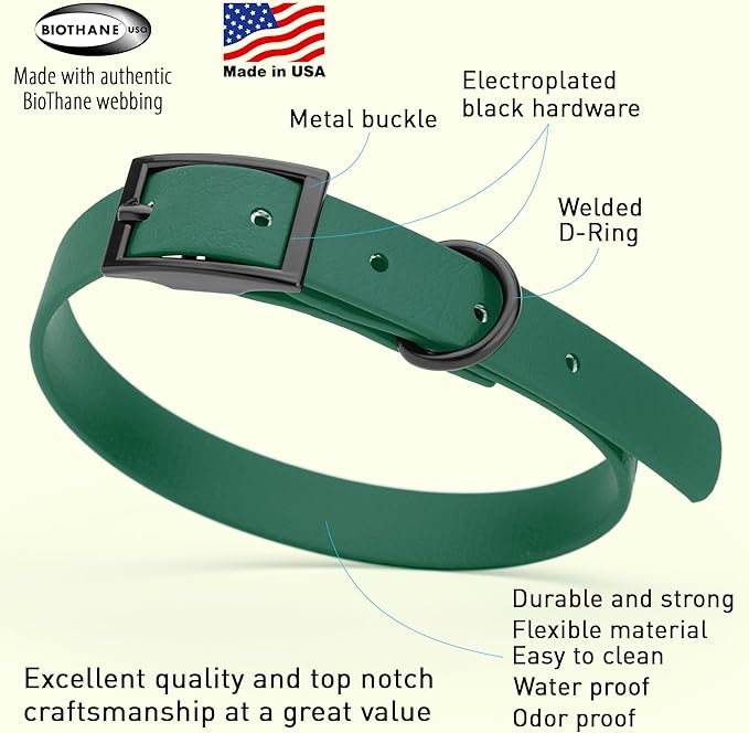 Dogline Biothane Waterproof Dog Collar Strong Coated Nylon Webbing with Black Hardware Odor- Proof for Easy Care Easy to Clean High Performance Fits Small Medium or Large Dogs, Hunter Green-PawvioPets