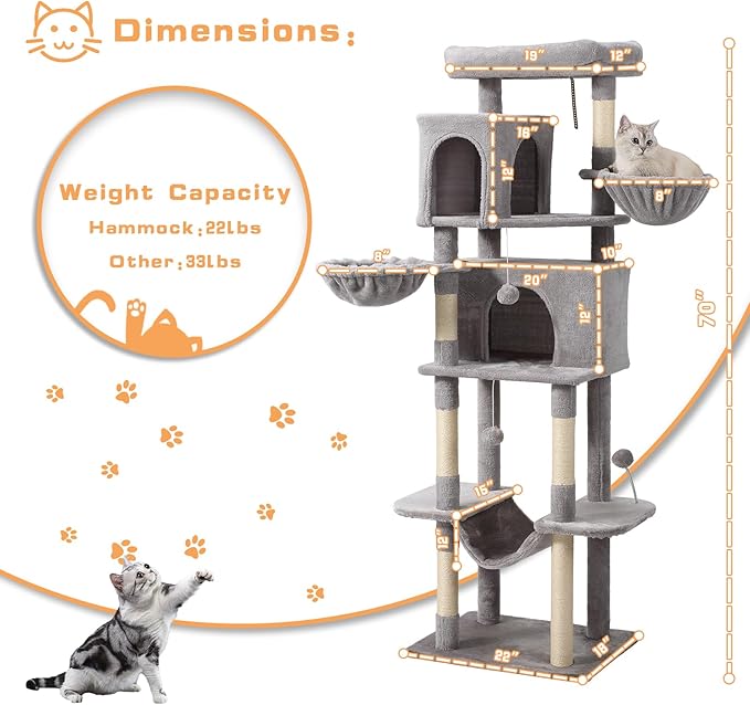 70-Inch Cat Tree,Large Cat Tree Tower with Hammock, Scratching Post, Condo and Multi-Level Cat Tower for Large Cats, Cat Activity Center Playhouse, Light Gray LCT016-PawvioPets