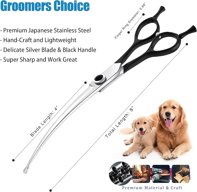 Dragon Creek 8" Downward Curved Dog Grooming Scissors Shears for Grooming Face and Paws Safety Round Tips Shears Trimming Cutting Scissors for Dog Cat Pet Black-PawvioPets