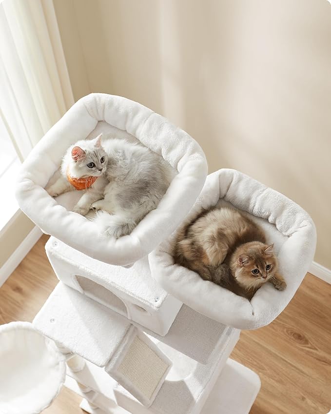 Feandrea Cat Tree, 81.1-Inch Large Cat Tower with 13 Scratching Posts, 2 Perches, 2 Caves, Basket, Hammock, Pompoms, Multi-Level Plush Cat Condo for Indoor Cats, Cream White UPCT190T01-PawvioPets