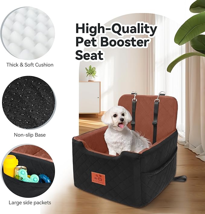 Dog Car Seat for Small/Medium Dogs Under 35lbs,Memory Foam Dog Booster Seats,Detachable and Washable Traval Pet Car Seat, Dogs Bed with 2 Safety Belts(Balck/Brown)-PawvioPets