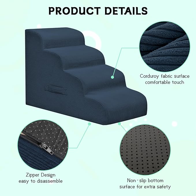 Dog Steps for Small Dogs, 4-Step Pet Ramp Stairs for High Beds and Sofa, Non-Slip Pet Stairs for Small Dogs and Cats, Removable and Easy to Clean Cover, Navy-PawvioPets