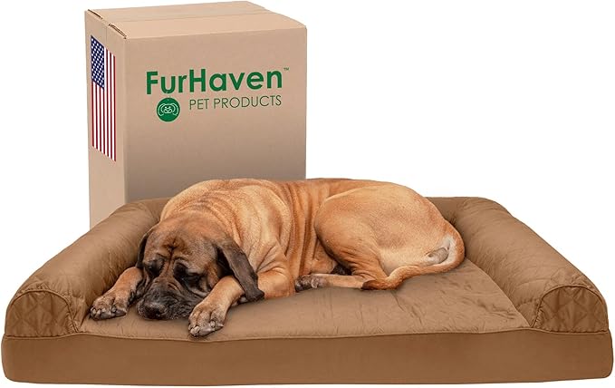 Furhaven Cooling Gel Dog Bed for Large Dogs w/ Removable Bolsters & Washable Cover, For Dogs Up to 125 lbs - Quilted Sofa - Toasted Brown, Jumbo Plus/XXL-PawvioPets