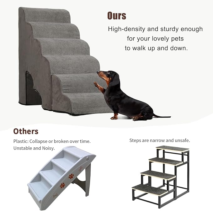 Dog Stairs for High Beds 25-30 inches Tall, 6-Step Dog Steps for High Bed for Doggies/Kitties, 30D Foam Pet Stairs Steps for Small Dogs, Dog Ramp/Ladder for Old Dogs/Cats, Grey-PawvioPets