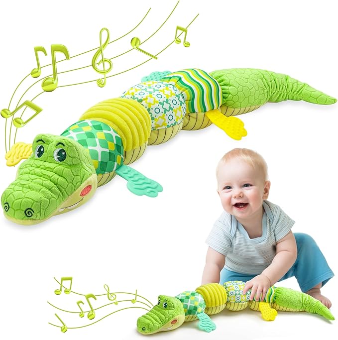 Baby Toys 0 to 12 Months, Musical Stuffed Animals Activity Soft Toy with Multi-Sensory Crinkle, Rattle and Textures, Infant Tummy Time Toys for Newborn Boys Girls, Crocodile, Green-PawvioPets